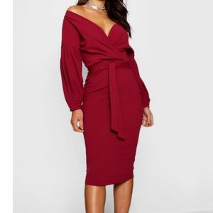 Burgundy Off Shoulder Wrap Midi Dress, 20